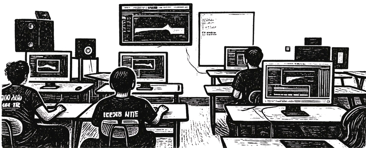 illustration of students in a computer lab