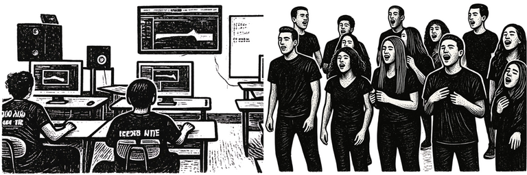 Black and white illustration showing students working on computers on the left and high-school aged students singing in a choir on the right