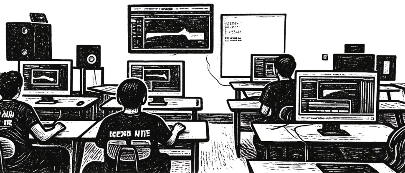 illustration of students in a computer lab